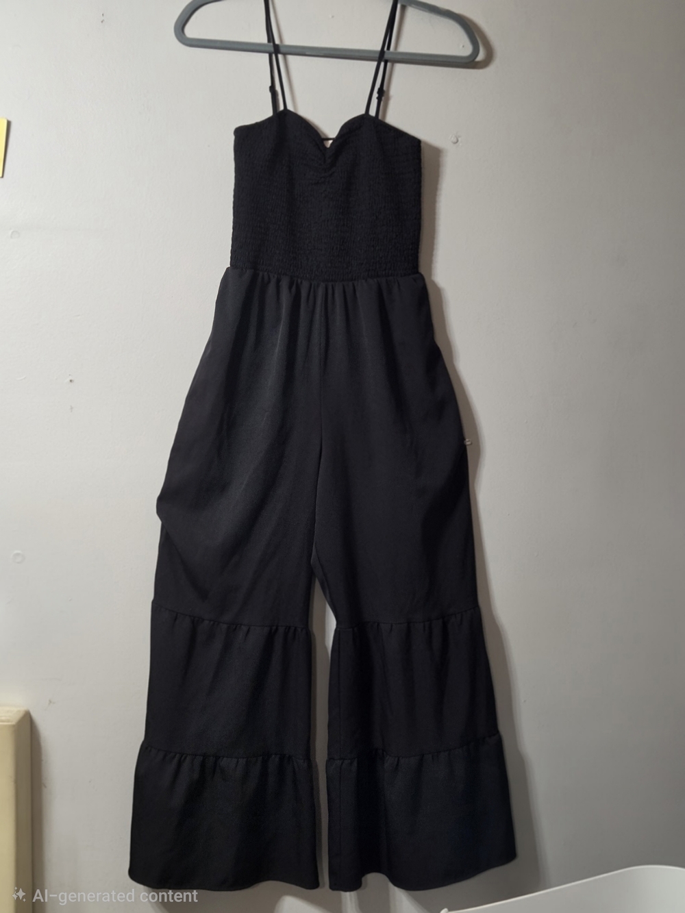 Black Smocked Bodice Wide-Leg Jumpsuit with Tiered Legs